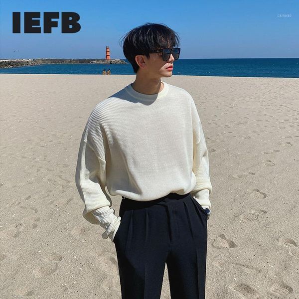 iefb solid color sweater men's loose spring clothes korean fashion couple's lightweight round collar knitted basic 9y52501, White;black
